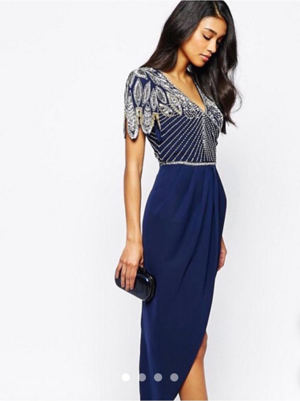 Virgos lounge Embellished Navy Evening Dress with Metallic Leaf Shoulders
